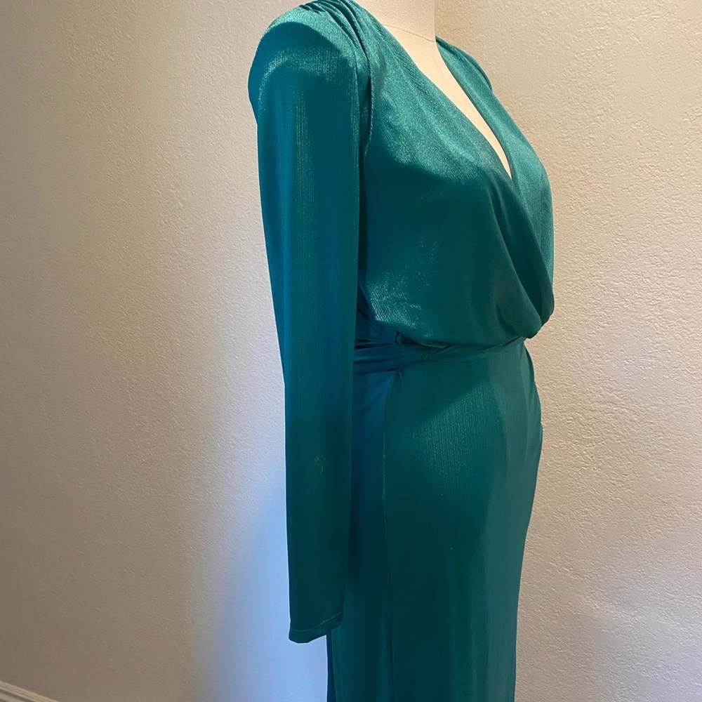 Bronx and Banco Teal Maxi Dress | Deep V Neck, Long Sleeve, High Slit - Picture 5 of 9